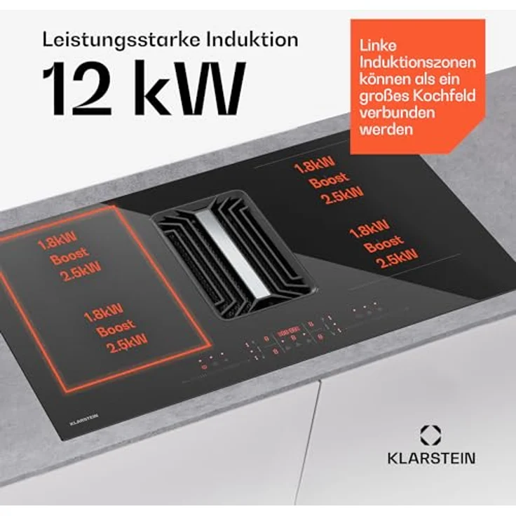 Klarstein AirJet Hybrid DSM_Airjt.Hybri_83BK, Induktionskochfeld mit integriertem Dunstabzug, 4 Zonen, 12 kW, Touch-Bedienung, schwarz – Bild 4