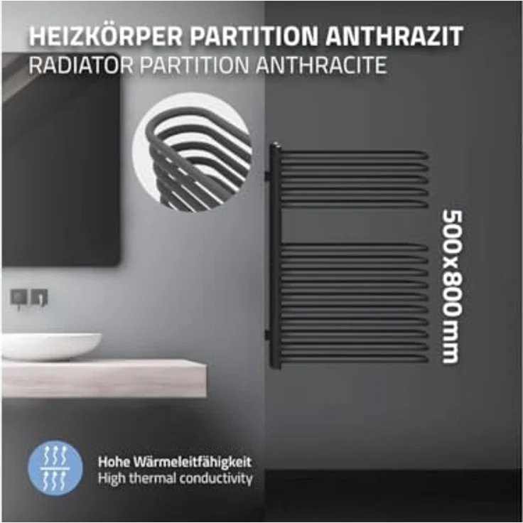 ML DESIGN modern living Badheizkörper 500 x 800 mm Anthrazit, Designheizkörper für Badezimmer, hohe Wärmeabgabe und modernes Design, inkl. Montage-Set – Bild 4