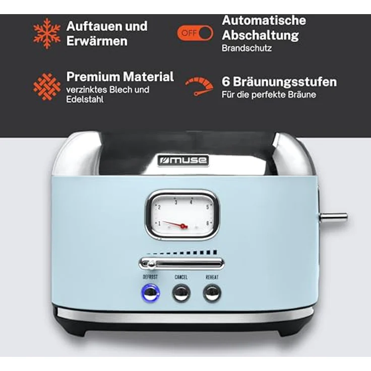 MUSE Retro Toaster, 2 Scheiben, 6 Bräunungsstufen, analoge Anzeige, beleuchtete Tasten, Krümelschublade, pastell blau – Bild 3