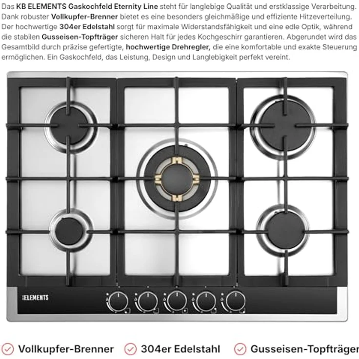 KB ELEMENTS Gaskochfeld Eternity Line 70 cm, 5 flammig, Vollkupfer-Brenner, 304 Edelstahlgehäuse, Wok-Dreifachbrenner, LPG/NG, automatische Sicherheitsabschaltung – Bild 2