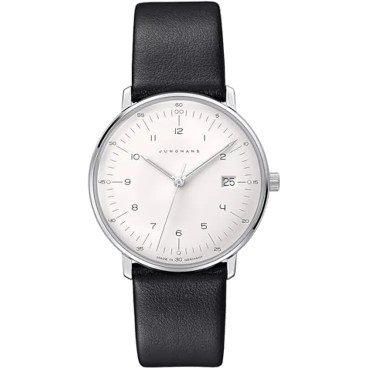 JUNGHANS max Bill Damenuhr mit Lederband Schwarz 47/4450.02, Edelstahl-Gehäuse, Antireflex-Saphirglas, weißes Zifferblatt
