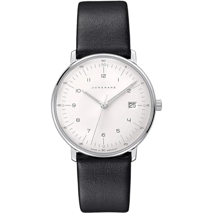 JUNGHANS max Bill Damenuhr mit Lederband Schwarz 47/4450.02, Edelstahl-Gehäuse, Antireflex-Saphirglas, weißes Zifferblatt – Bild 1