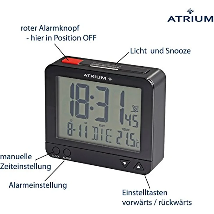 Atrium A760-7, Digitaler Funkwecker mit sensorgesteuertem Nachtlicht, Temperatur- und Datumsanzeige, schwarz – Bild 2