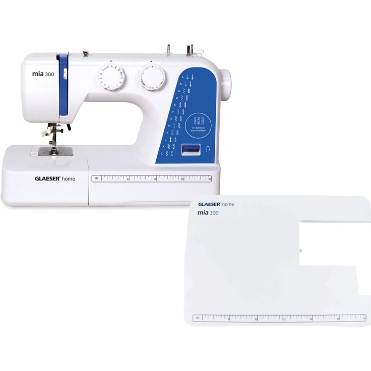 GLAESERhome mia300 Starter Bundle | Nähmaschine mit 24 vorprogrammierten Stichen +Anschiebetisch, kompakte Größe und LED-Beleuchtung – Bild 1