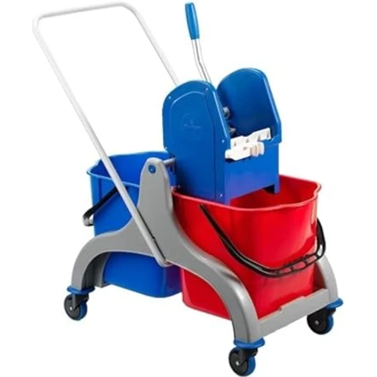 Hag Bürsten 8962 Doppel-Fahreimer mit Mopp-Presse, 2 x 15L, 630mm x 400mm x 490/690mm, Kunststoff-Gestell, rot und blau – Bild 1