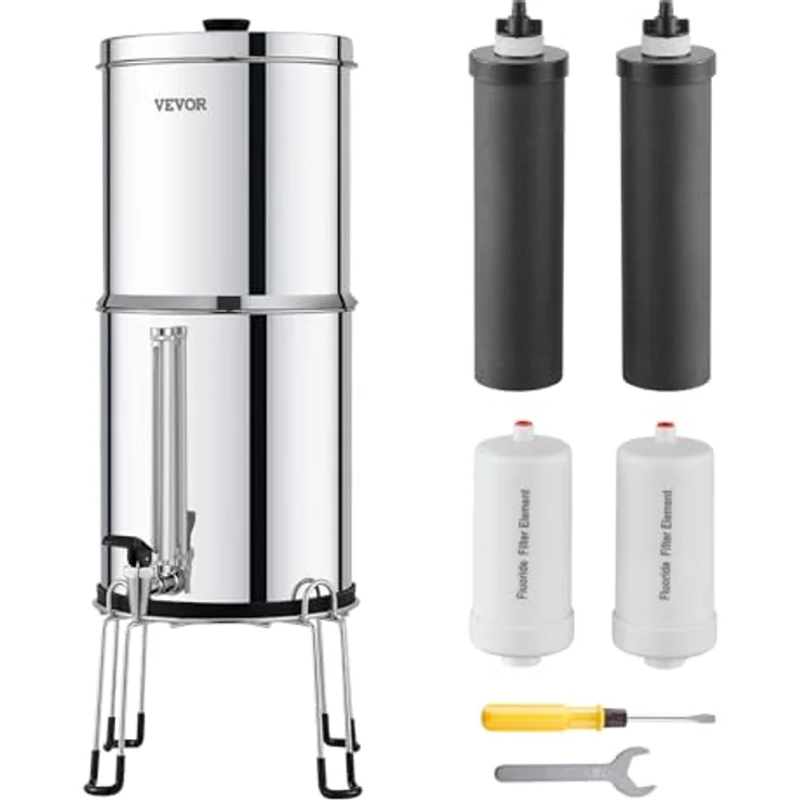 VEVOR Schwerkraft Wasserfiltersystem Edelstahl 7+7,5L, reduziert Blei und bis zu 99% Chlor, inkl. 2 Aktivkohlefiltern und 2 Entfluorierungsfiltern – Bild 1