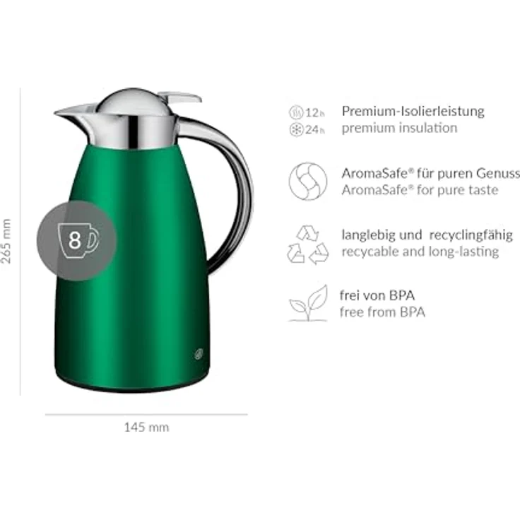 alfi SIGNO 1.0l Satin Grün, Edelstahl-Isolierkanne mit hygienischem Hartglaseinsatz, Drehverschluss mit Drucktaste, ergonomischer Griff, einhändig bedienbar, ideal für Kaffee und Tee – Bild 2