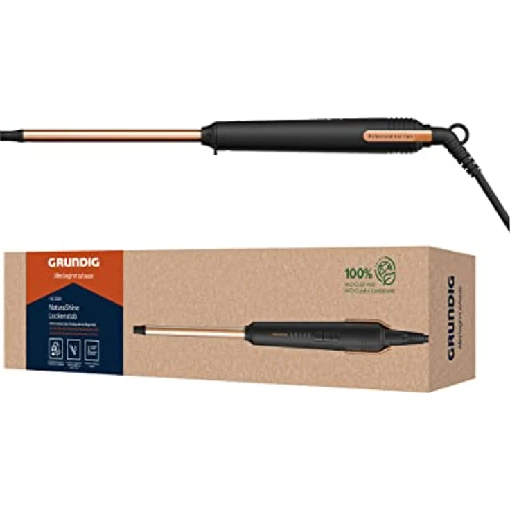 GRUNDIG NaturaShine HS 7230 Lockenstab, Hairstyler, 10 mm Durchmesser, Keramikbeschichtung mit Macadamia- und Kokosöl, 5 Stufen, von 130 °C bis 210 °C, schnelle Aufheizzeit, Schwarz/Roségold – Bild 1