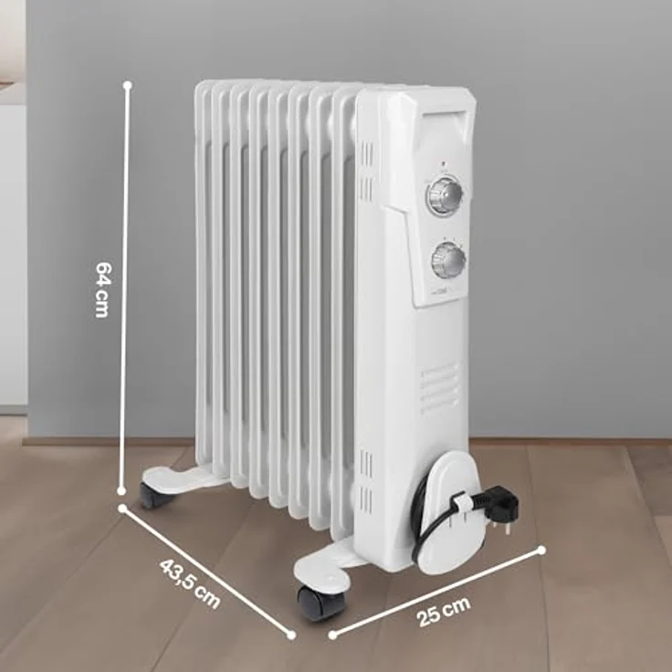 Clatronic RA 3736 9 Rippen-Ölradiator, mobiler Heizkörper bis 2000 Watt, Wärmeregulierung über stufenlosen Thermostatregler, Flexibler Einsatz durch 4 Leichtlaufrollen, Slimline-Bauweise, weiß, Radiator – Bild 6
