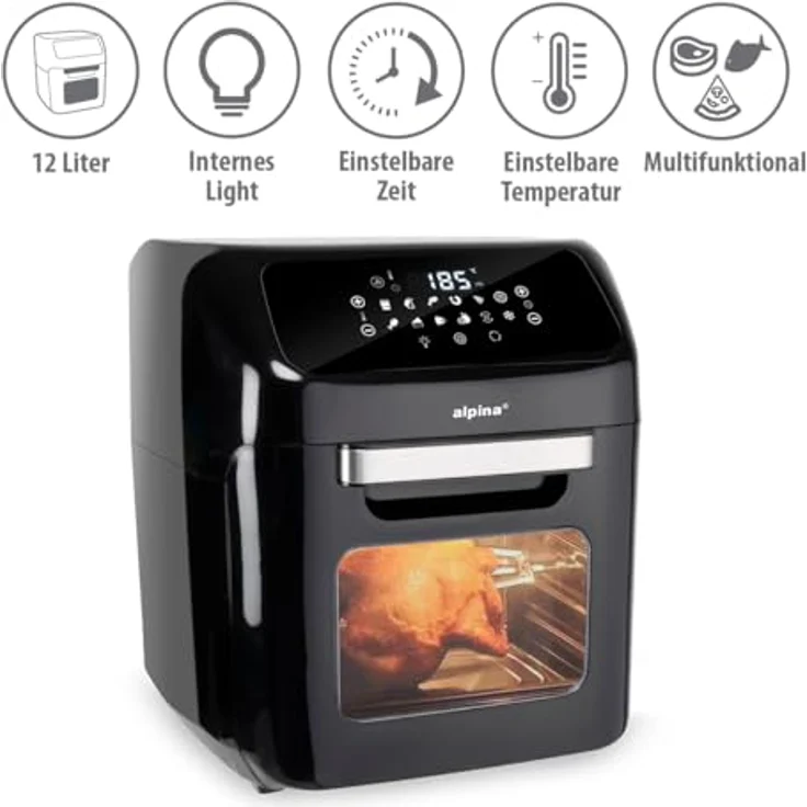 alpina Heißluftofen und Heißluftfritteuse - Airfryer - Digitale Zeit- und Temperaturkontrolle - 1800 Watt - 12 Liter - Schwarz – Bild 3