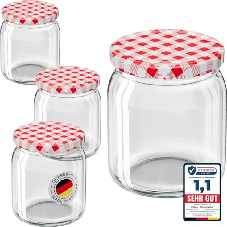 WELLGRO 50x Einmachgläser mit Schraubdeckel, 400ml, rot kariert, Made in Germany, ideal für Vorratslagerung und Meal Prep – Bild 1