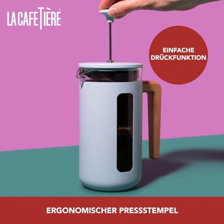 La Cafetière Pisa Kaffeebereiter, 8 Tassen, himmelblau, langlebiger Edelstahl-Kolben, hitzebeständige französische Presse mit Naturholzgriff, 1 l – Bild 4