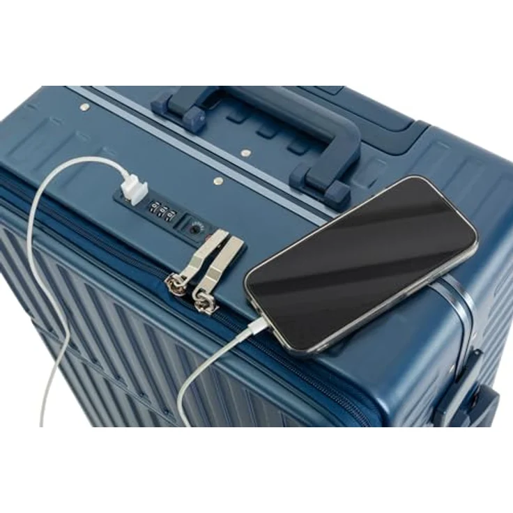 Travelhouse Hartschalen-Trolley Roma, 4 Rollen, mit USB und Getränkehalter, Aluminium-Rahmen & Polycarbonat Hartschale, blau – Bild 3
