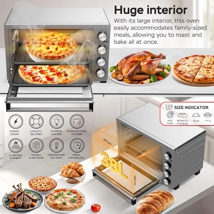 TurboTronic Elektrobackofen 38L mit Umluft, Grill & Drehspieß, Edelstahl, Timer & Doppelglastür für Pizza, Braten & Aufläufe – Bild 5