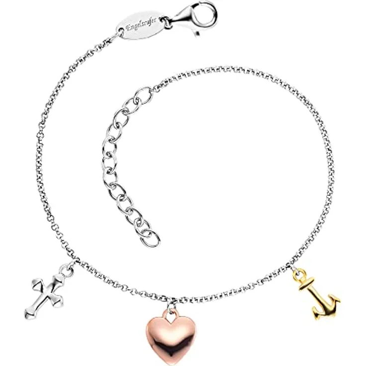 Engelsrufer Damen Armband aus Sterling Silber und drei Anhängern Tricolor - Kreuz Herz Anker - Karabinerverschluss - längenverstellbar - nickelfrei