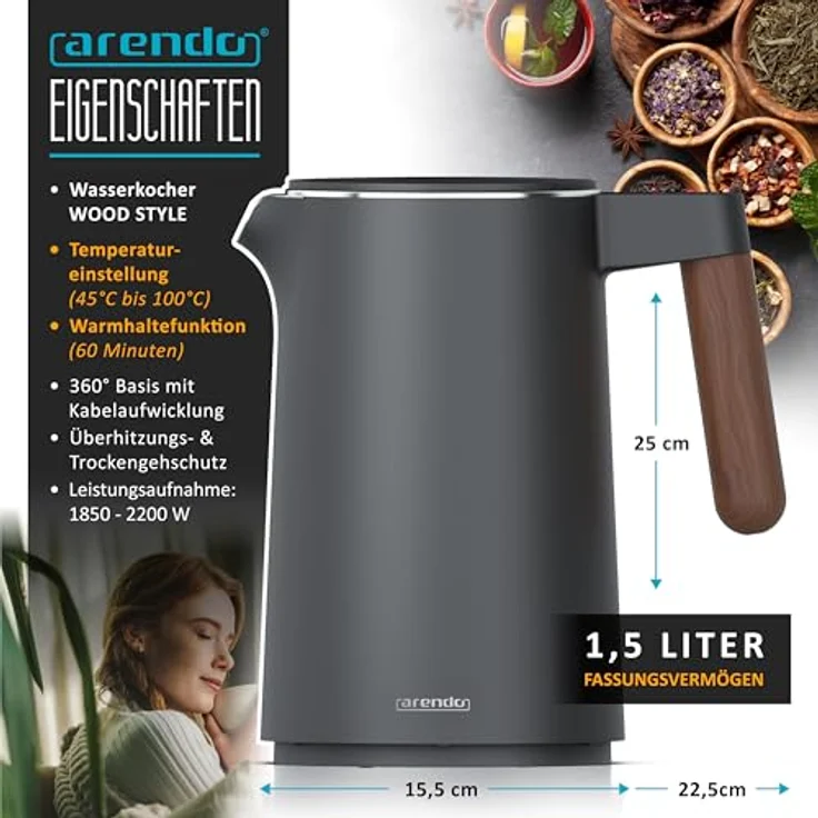 Arendo - Wasserkocher mit Temperatureinstellung - Edelstahl - 1.5 Liter - BPA frei - Warmhaltefunktion - Teekocher - Cool Touch - Cool Grey – Bild 2