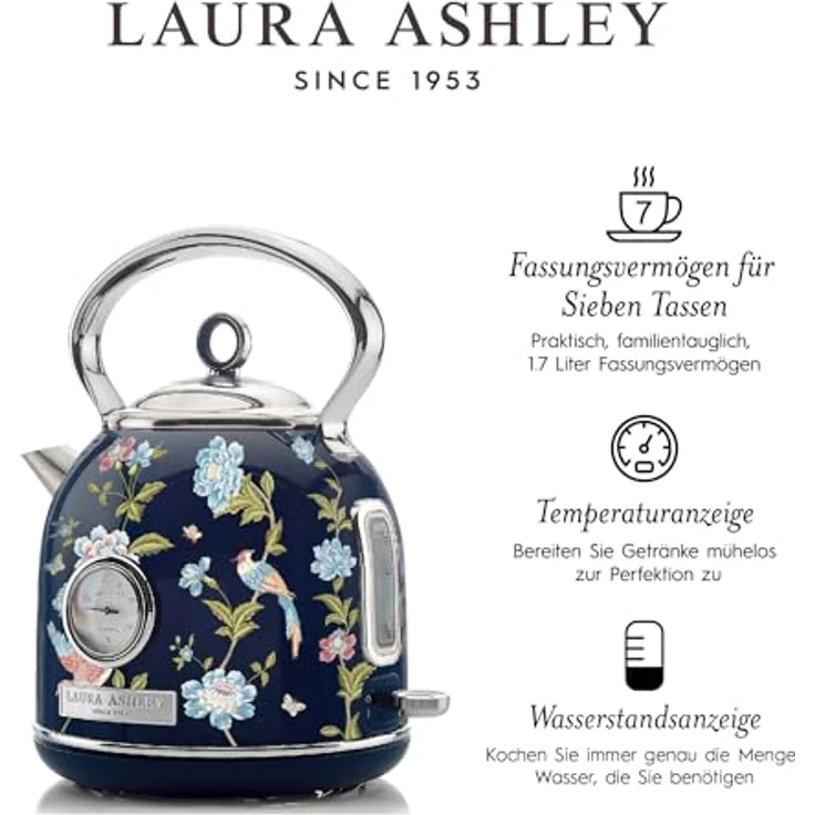 VQ Laura Ashley Elveden Navy, Kabelloser Edelstahl-Wasserkocher mit 1.7 Litern, 2.2 kW Schnellkochtechnologie, Überhitzungsschutz und Temperaturanzeige – Bild 5