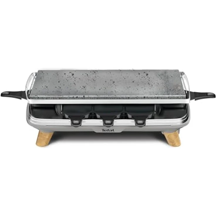 Tefal Pierrade Gourmet Raclette PR620D12, 2-in-1 Steinrake mit 1350 W, 8 Maxi-Tiefschalen, grau mit Holzoptik Füßen – Bild 2