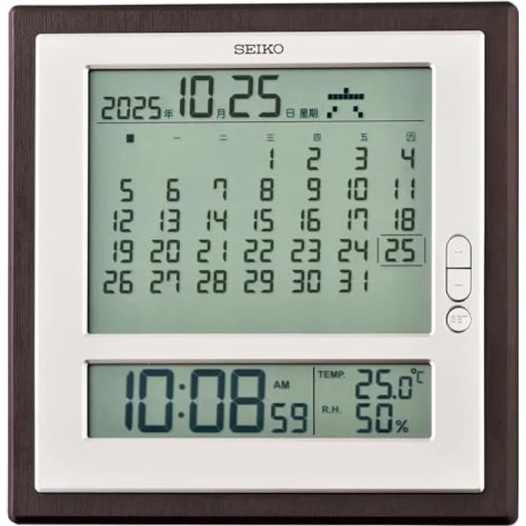 Seiko Clocks Wanduhr braun-weiß mit Kunststoffgehäuse, Monatskalender, Thermometer und Hygrometer