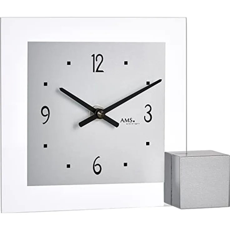 AMS Tischuhr T102, Quarzuhr mit silberlackiertem Holzsockel für Wohnzimmer und Esszimmer, Made in Germany