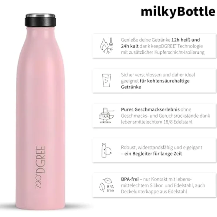 720°DGREE Trinkflasche Doppelwandig Edelstahl 500ml Isolierflasche milkyBottle rosa matt – Bild 2