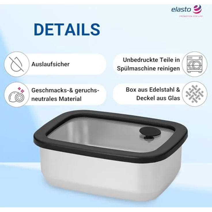 elasto Edelstahl Lunchbox RILO, Brotdose mit Glasdeckel, 550 ml, auslaufsicher, silber/blau, für Kinder & Erwachsene – Bild 2