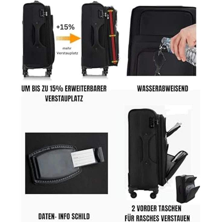 COFI 1453 Hochwertiges 3er Kofferset aus Stoff mit Erweiterbarer Kapazität und 360° Rädern Grau – Bild 4