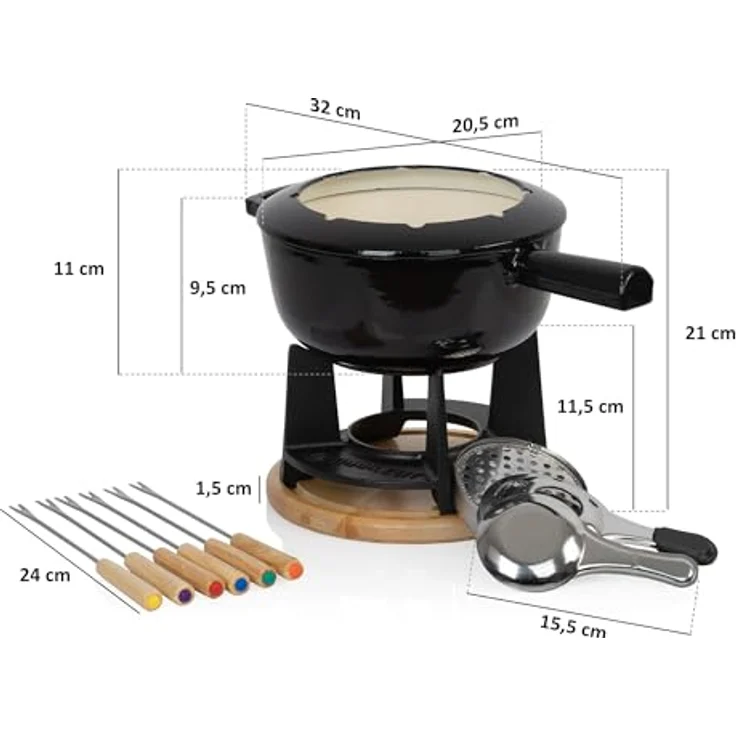Mahlzeit Gusseisen Fondue Set für 6 Personen | 2 Liter | Fondueset 13 teilig mit Brenner und Gabeln | Fondue-Set, Käsefondue Set, Fleischfondue Set, Schokofondue Set (Schwarz emailliert) – Bild 3