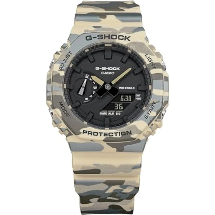 Casio G-Shock GA-2100CM-5AER, Herren-Armbanduhr mit schwarzem Zifferblatt, grünem Camouflageharzband, 5 Alarmen, Automatischem Kalender, Stoßfestigkeit und Weltzeitfunktion – Bild 2