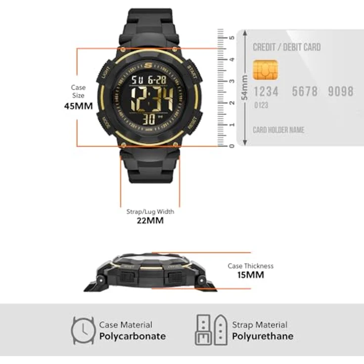 SKECHERS Herren Analog Quartz Uhr SR1019, 45 mm Gehäuse, schwarzes Zifferblatt, schwarzer Polyurethangurt, wasserdicht bis 50 m – Bild 4