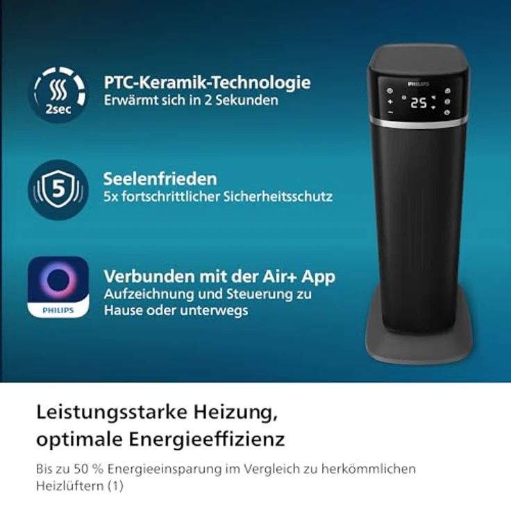 Philips Keramik-Heizlüfter 5000-Serie, Keramische Heiztechnologie, KI-gesteuert zum Energiesparen, Heizt in 2 Sekunden auf mit 5 Integrierten Sicherheitsfunktionen, App-Steuerung, Grau (CX5120/11) – Bild 2