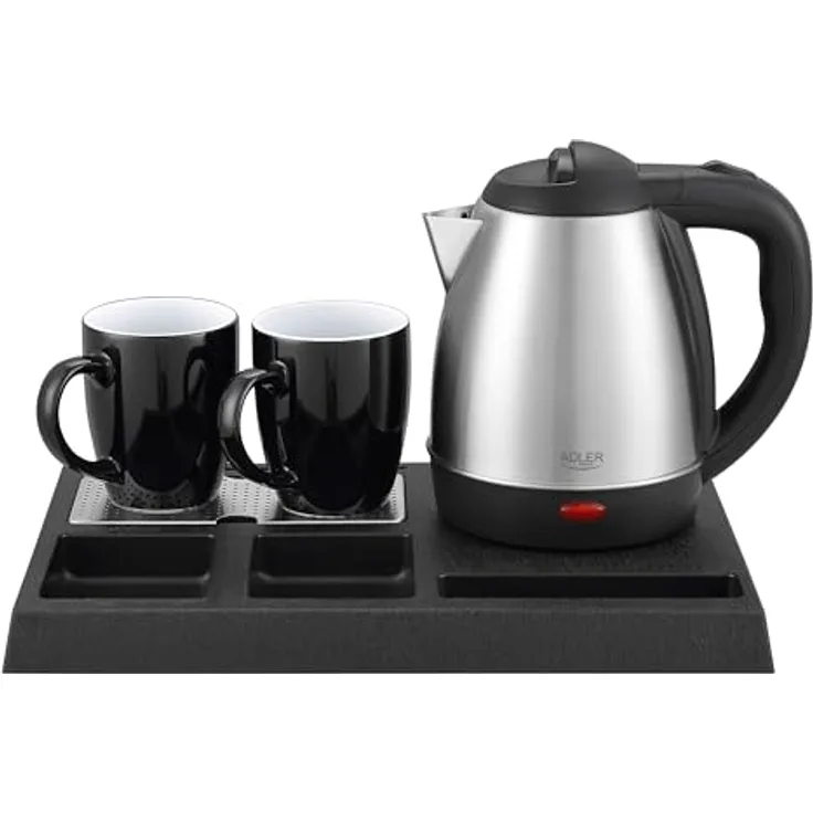 ADLER Wasserkocher Set Edelstahl 1,2L mit Tablett & 2 Tassen | Kompakte Teestation für Hotel, Büro & Home-Office | Sicher und hygienisch mit 360°-Sockel und Trockengehschutz
