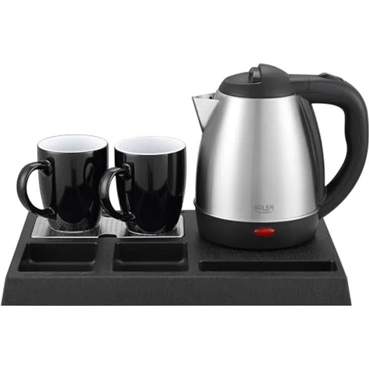ADLER Wasserkocher Set Edelstahl 1,2L mit Tablett & 2 Tassen | Kompakte Teestation für Hotel, Büro & Home-Office | Sicher und hygienisch mit 360°-Sockel und Trockengehschutz – Bild 1