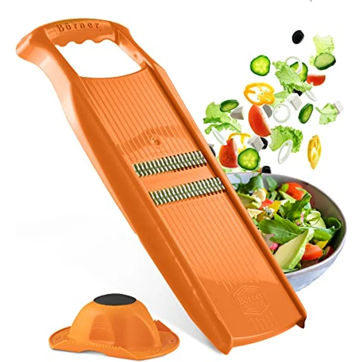 Börner Roko PowerLine Gemüseschneider Set (2-tlg.) • Feiner Streifenschneider für Obst & Gemüse + Fruchthalter • Julienne Schneider • Gemüsehobel • Küchenhobel Set (Orange) – Bild 1