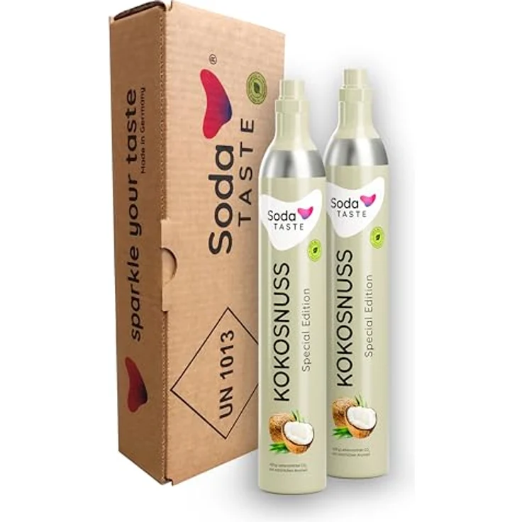 SodaTASTE CO2-Zylinder tauschen 2er-Pack (Refill) für Wassersprudler, mit natürlichem Kokos-Aroma, zuckerfrei, für bis zu 120l Sprudelwasser mit Geschmack, Spar-Pack (Classic-Zylinder) – Bild 1