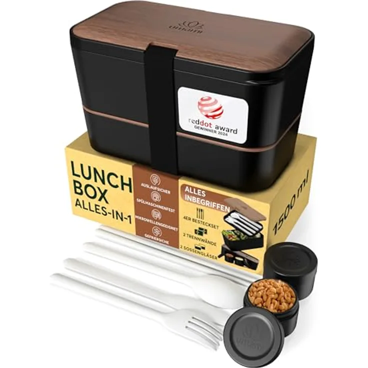 Umami Bento Box, Lunchbox aus BPA-freiem Kunststoff mit Holzdeckel, zweischichtig, braun-schwarz, mikrowellen- und spülmaschinengeeignet