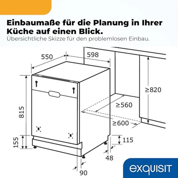 Exquisit EGSP9614-E-030A, vollintegrierbarer Geschirrspüler mit 14 Maßgedecken, 8 Programmen, Extra Hygiene, 42 dB, Energieklasse A, Inox – Bild 10