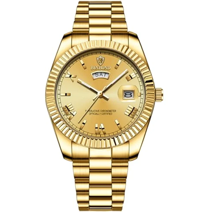 JewelryWe Herrenuhr Edelstahl Analog Quarz, 30m wasserdicht, mit Leuchtzeigern und Gold römischen Ziffern, goldfarbenes Edelstahlarmband – Bild 1