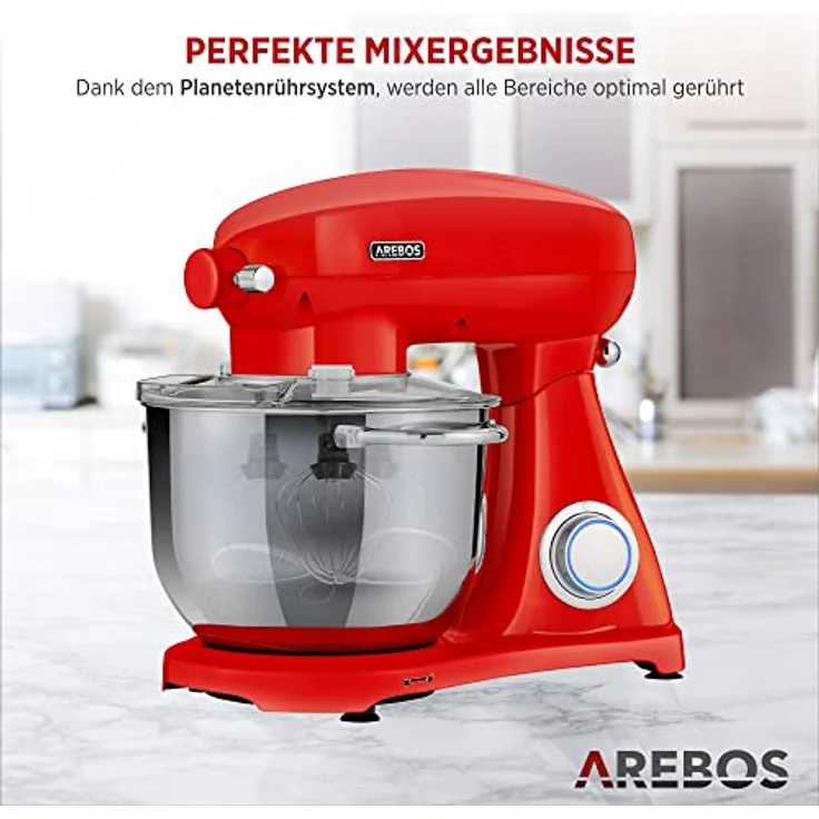 Arebos Retro Küchenmaschine 1800W Rot | 6L Edelstahl-Rührschüssel | Geräuscharm | 6 Geschwindigkeiten – Bild 4