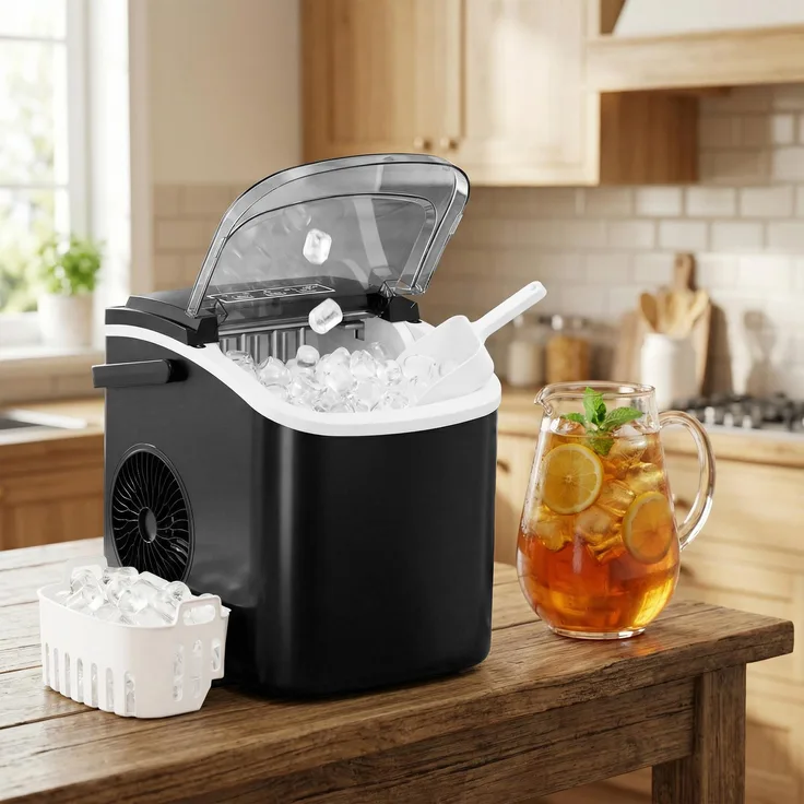 SONGMICS Eiswürfelbereiter, tragbare Eiswürfelmaschine mit Selbstreinigung, 2 Würfelgrößen, schwarz