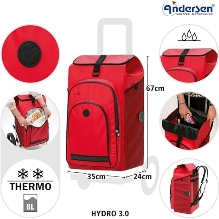 Andersen Shopper Unus Shopper Hydro 2.0, Einkaufstrolley 67 cm, rot, 100% Polyester, kompakt 36 cm x 24 cm – Bild 4