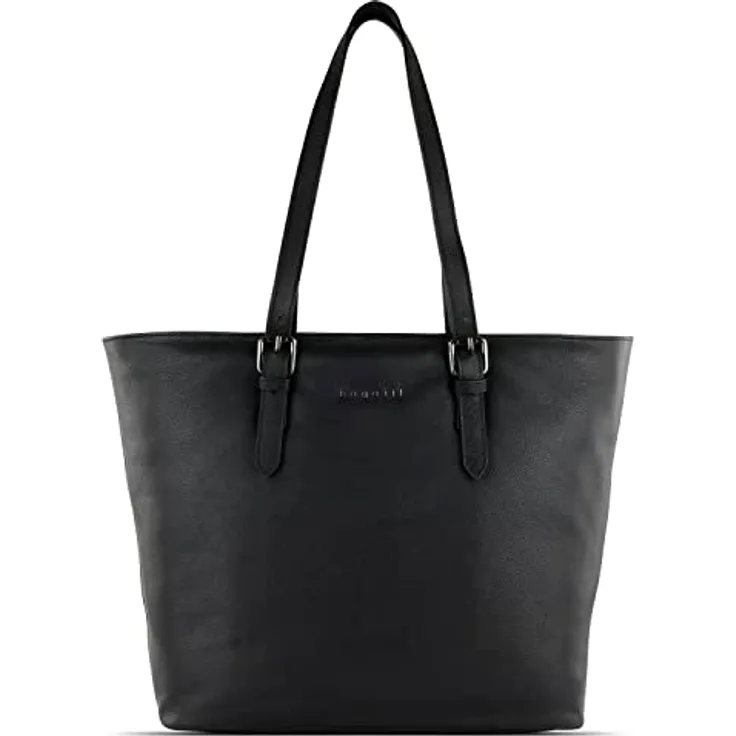 Bugatti Bella Shopper, geräumige Einkaufstasche aus Rindleder mit gepolstertem Laptopfach, schwarz