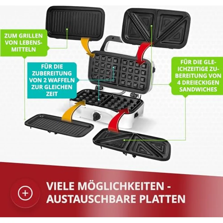 MPM MOP-33M 3in1 Sandwichmaker, 1200W, austauschbare Platten, Sandwichtoaster, Belgisches Waffeleisen, Grillplatte, Kontaktgrill für Fleisch und Fisch, Temperaturregelung, weiß – Bild 3