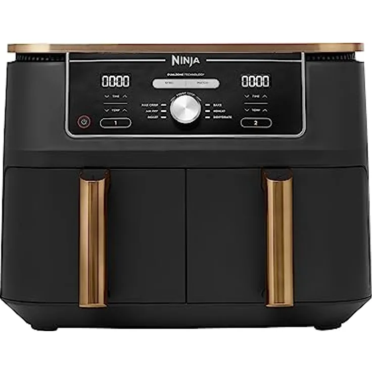 Ninja Foodi MAX AF400EUCP 2-Zonen Heißluftfritteuse, Airfryer, 9.5L, 2 Fächer, mit Zange, Antihaftbeschichtung, spülmaschinenfeste Körbe, 6-in-1, Amazon Exklusiv, Kupfer/Schwarz, AF400EUCP