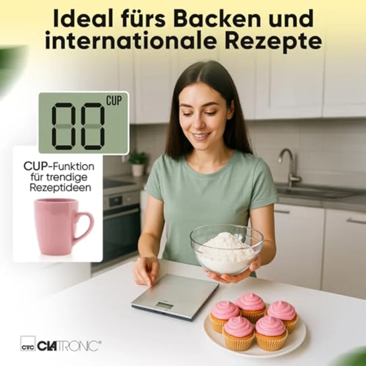 Clatronic KW 3821, digitale Küchenwaage aus Edelstahl mit 1g Schritten bis 5kg, Cup-Angabe, Tara-Funktion, extra flach für Trend-Rezepte – Bild 3