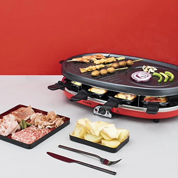 H.Koenig RP418 Raclette-Gerät 4 in 1 - 8 Personen - Raclette, Natursteingrill, Crepe-Platte und Grillplatte - mit 8 Pfännchen - 1500 W - schwarz-rot – Bild 8