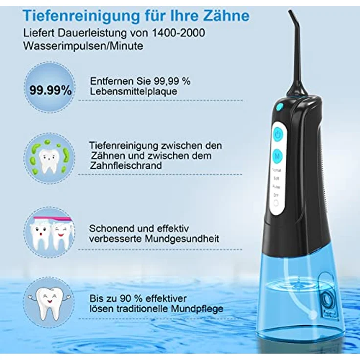 SURFOU Munddusche, Water Flosser IPX7 wasserdicht, 300ml Zahnzwischenraumreiniger, Munddusche kabellos USB wiederaufladbar mit 4 Modi und 5 Düsen für Reisen & Hause – Bild 2