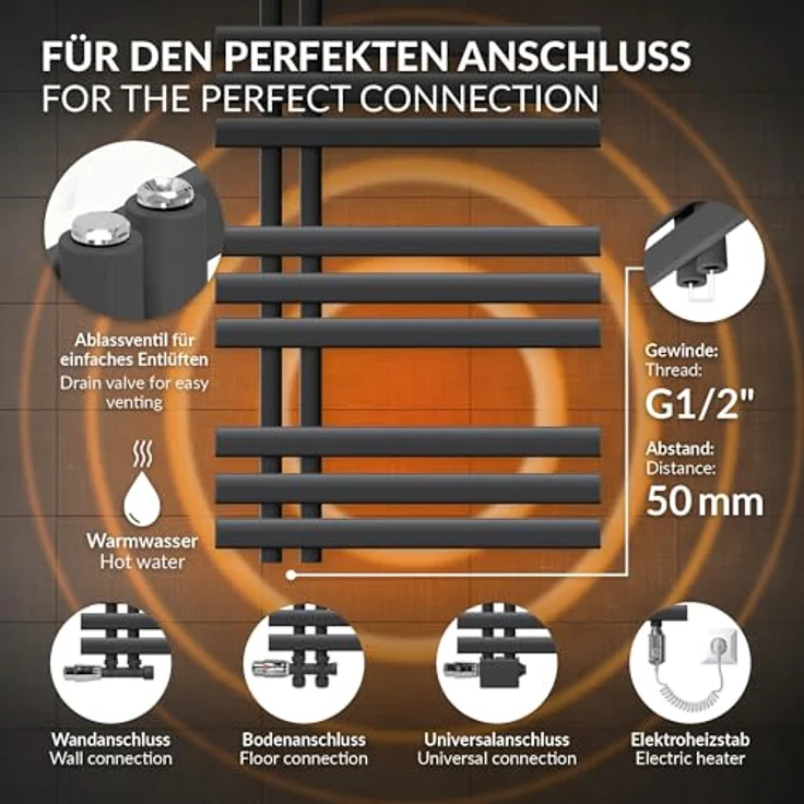 ECD Germany Iron EM Design Badheizkörper - 600 x 1000 mm - Anthrazit - Paneelheizkörper Handtuchwärmer mit hochwertigem Design und hoher Wärmeleistung – Bild 4