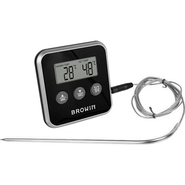 Browin 185800 Lebensmittel-Thermometer mit Sonde aus Rostfreiem Stahl - 1,5 m, von 0 bis 250°C, Timer, Alarm, Elektronische Anzeige, zum Kochen, Räuchern, Backen, Schwarz