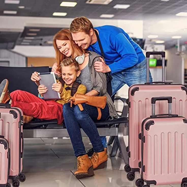 Arebos 4tlg. Hartschalenkofferset I ABS-Hartschale I Trolley Kofferset I Reisekoffer mit Teleskopgriff I Inkl. Reißverschluss-Schloss, 360° Rollen I Reisekofferset S-M-L-XL | Rosé-Gold – Bild 2